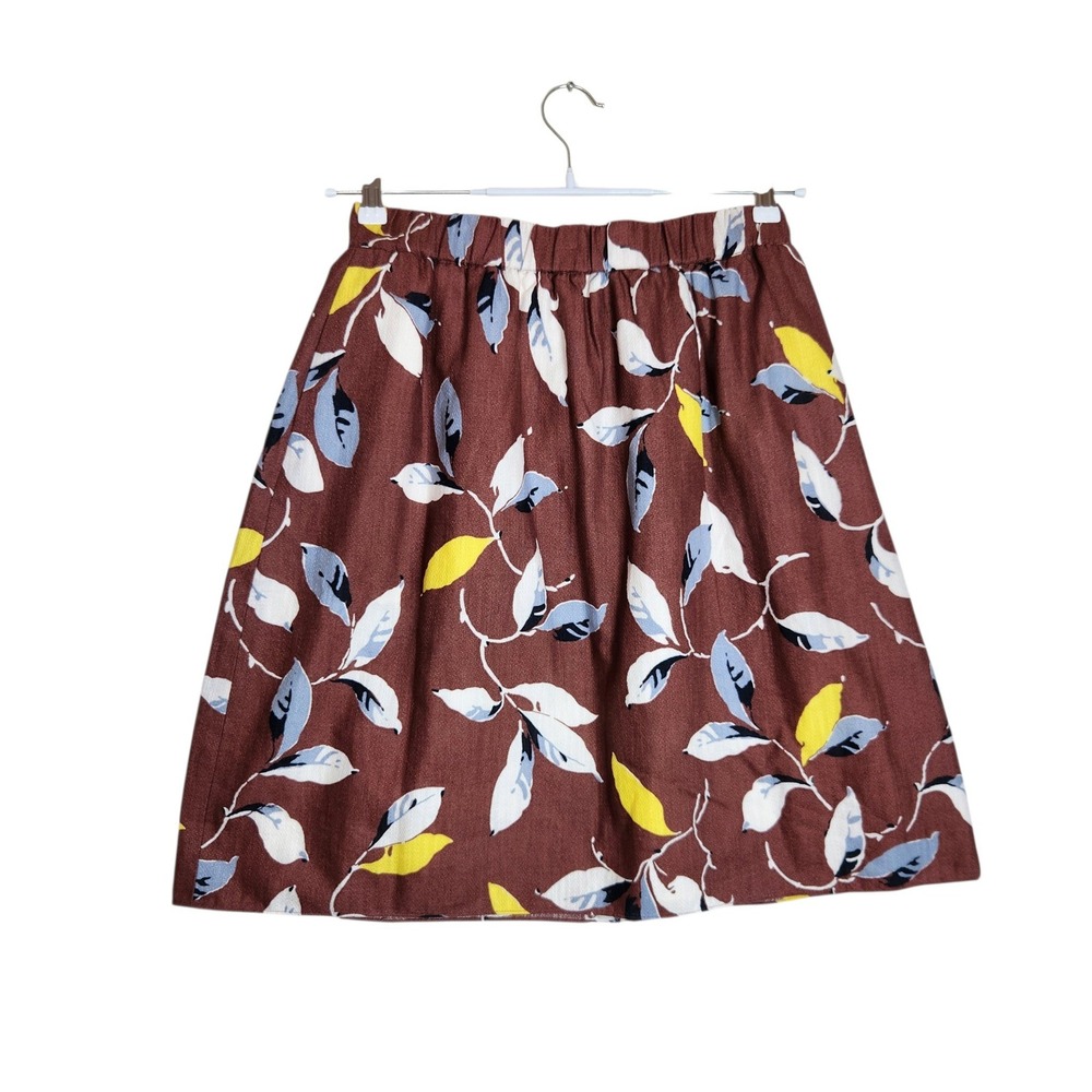 Boden Brown Leaf Print A-Line Cotton Skirt Elastic Waist Womens US 8L